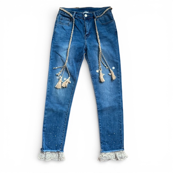 Onado Paris Denim - ONADO PARIS Blue embellished skinny jeans lace hem boho tassel detail size M /38